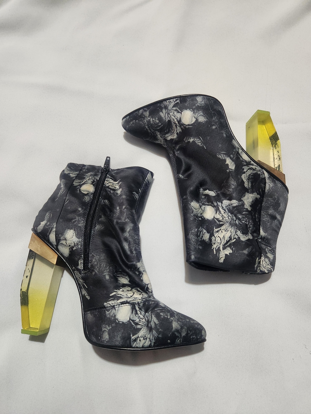 Miista 'Amaya' Black Floral Ankle Boots with Yellow Lucite Heel
